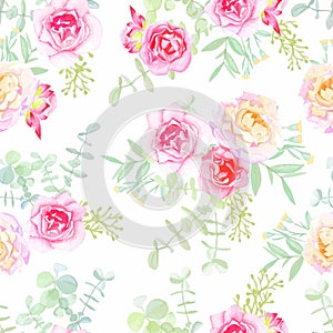 Delicate roses seamless vector pattern in shabby chic style