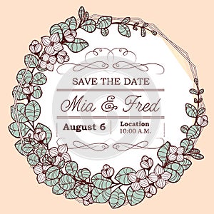 Delicate round eucalyptus wreath wedding invitation