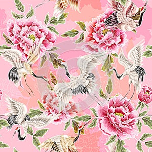 Delicate seamless pattern with Japanese white cranes and chrysanthemums