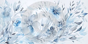 Delicate semitransparent blue monochrome watercolor horizontal background. Creative floral card.