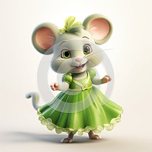 Delicate Shading And Playful Expressions: Cartoon Mouse In Green Dress