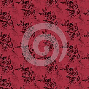 Delicate silhouette of graceful roses on a red burgundy background, seamless pattern