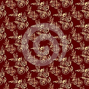 Delicate silhouette of graceful roses on a red burgundy background, seamless pattern. Romantic pattern for packaging