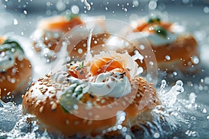 Delicate Smoked Salmon Canapes with Cream Cheese, Dill, and Sesame Seeds Sprinkled with Fresh Water Droplets on a Chic Serving