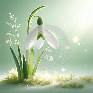 Delicate snowdrop flower in the rays of the sun on a light green background for online publications with space for text