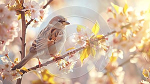 A delicate sparrow perches among the blooming cherry blossoms, a symbol of the joyful chorus that accompanies the arrival of