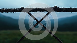 Delicate spiderweb adorned with dewdrops on a misty morning.