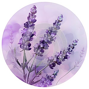 Delicate sprigs of lavender on a soft round purple background.