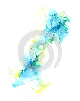 Delicate spring abstract hand drawn watercolor or alcohol ink background in blue and yellow tones. Raster illustration.