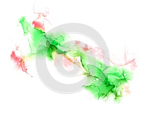 Delicate spring abstract hand drawn watercolor or alcohol ink background in green and red tones. Raster illustration