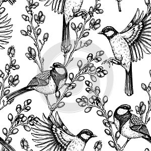 Delicate spring background. Great tits on willow branches in sketched style. Hand drawn passerine bird and flowers seamless