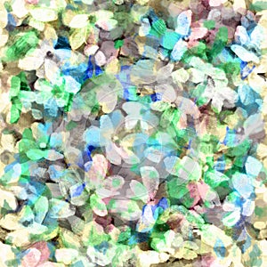 Delicate spring blurred floral seamless pattern Transparent layered apple tree flowers White green blue shades