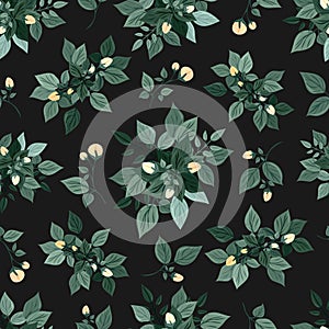 Delicate spring flowers and leaves. Seamless pattern. Botanical print for sandstone on fabric, paper, packaging
