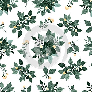 Delicate spring flowers and leaves. Seamless pattern. Botanical print for sandstone on fabric, paper, packaging