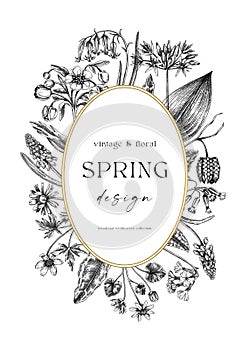 Delicate spring wreath. Wildflower sketches. Floral background. Elegant greeting card, wedding invitation design template. Hand