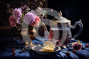 Delicate Stilllife flower tea. Generate Ai