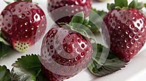 A delicate of strawberries their rich red skin dotted with tiny seeds and dark green leaves. A closer look reveals the