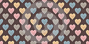 Delicate Striped Seamless Pattern of Hand-Drawn Gentle Pink, Yellow and Blue Hearts on Brown Background