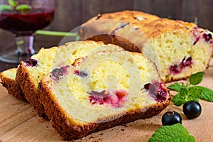 Delicate tasty curd cake with black currant and jam