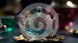 Delicate tea charm, Emphasize the beauty with a close-up of a lovely china teapot and glasses on a colorful backdrop