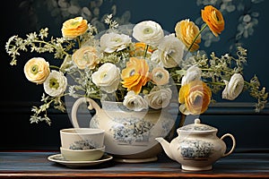 Delicate tea party with ranunculi and chamomile centrepiece, engagement, wedding and anniversary image