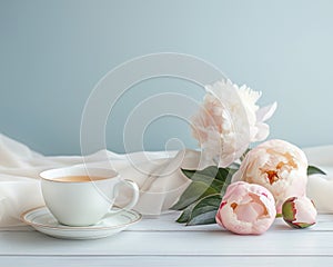 Delicate tea set with warm brew and soft pink peonies on draped fabric, perfect for a peaceful retreat.