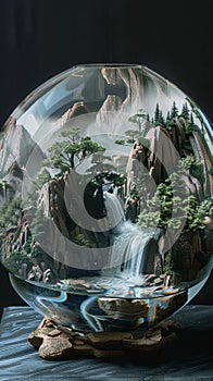 A delicate terrarium forms a glass-encased scene of miniature mountains and flowing streams, topped with green trees.