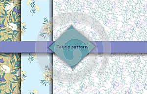 Delicate textile floral backgrounds for fabric. Set of spring patterns with yellow flowers. Contour floral light ornament