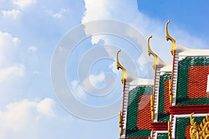 Delicate Thai art at roof top of Buddhist temple in Bangkok,