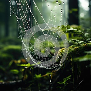 The delicate threads of broken spider webs shimmer with dew or perhaps rain, painting a picture of nature's fleeting moments