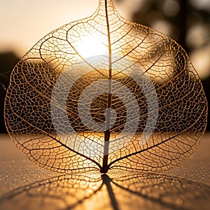 A delicate, translucent leaf skeleton is