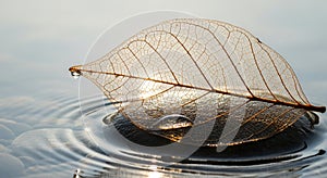 A delicate, translucent leaf skeleton floats