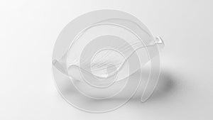 A delicate translucent object resembling a petal rests on a white surface