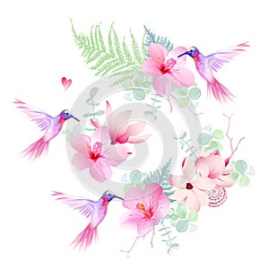 Delicate tropical flowers with flying hummingbirds vector design