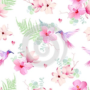 Delicate tropical flowers with hummingbirds seamless vector prin