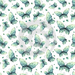 Delicate turquoise and blue butterflies with bubbles are airy, light, beautiful. Hand drawn watercolor illustration