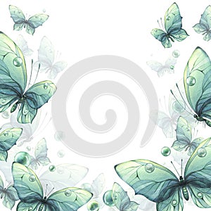 Delicate turquoise and blue butterflies with bubbles are airy, light, beautiful. Hand drawn watercolor illustration