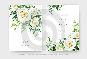 Delicate vector floral editable wedding invite, save the date card set. Light yellow, garden rose flowers, spring fern, green vine