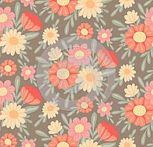 Delicate vector pattern with floral bouquets in pastel colors on a gray background. Texture with tender wild flowers