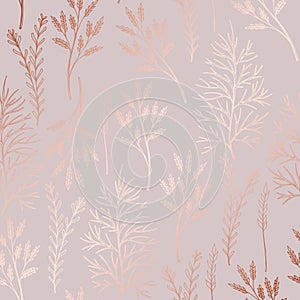 Delicate vector pattern with herbs with imitation of rose gold