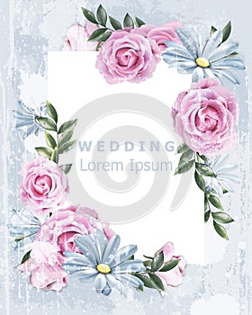 Delicate Vintage frame with rose flowers Vector. Wedding Invitation floral decor. Old Grunge effect. 3d illustrations