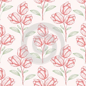 Delicate vintage hand drawn green and red spring flower bouquets Seamless half drop pattern on cream white background