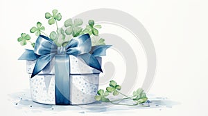 Delicate Watercolor Blue Box Label With Green Shamrock Leaves photo