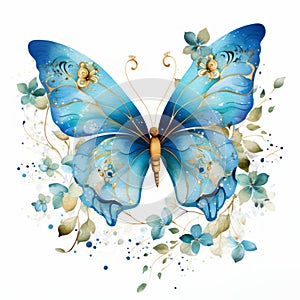 Delicate watercolor blue butterfly with golden veins and floral elements