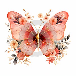 Delicate watercolor butterfly with golden accents, surrounded by a wreath of colorful flowers