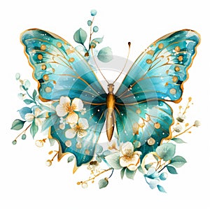 Delicate watercolor butterfly with golden elements and floral wreath