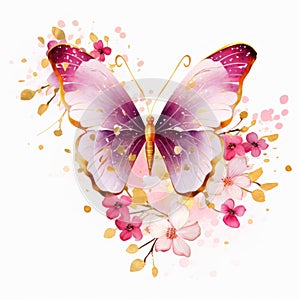 Delicate watercolor butterfly with golden elements and floral wreath photo