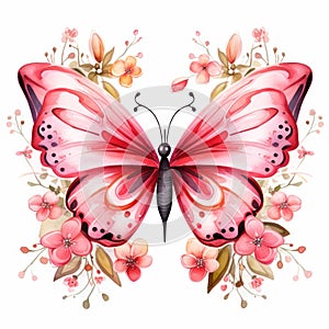 Delicate watercolor butterfly with spring flowers. Pink and red color palette