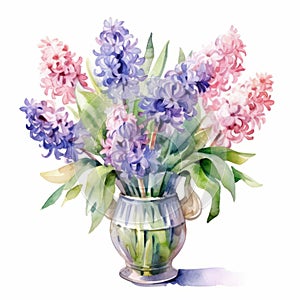 Delicate Watercolor Hyacinth Bouquet In Vase - Hand Drawn Floral Art