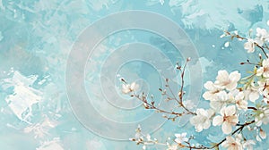 A delicate watercolor illustration of a dainty white cherry blossom tree against a soft blue sky. photo